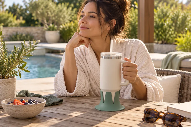 Adult in robe seated at outdoor relaxation table with straw tumbler dry table well outside plunge entry path. AI lifestyle illustration.